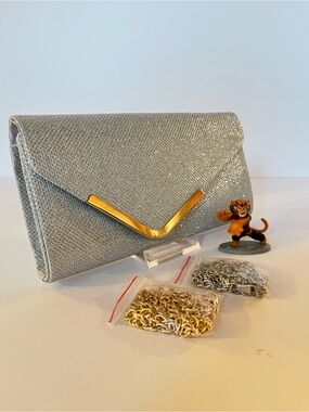 Silver Metallic Envelope Clutch with Gold Accent